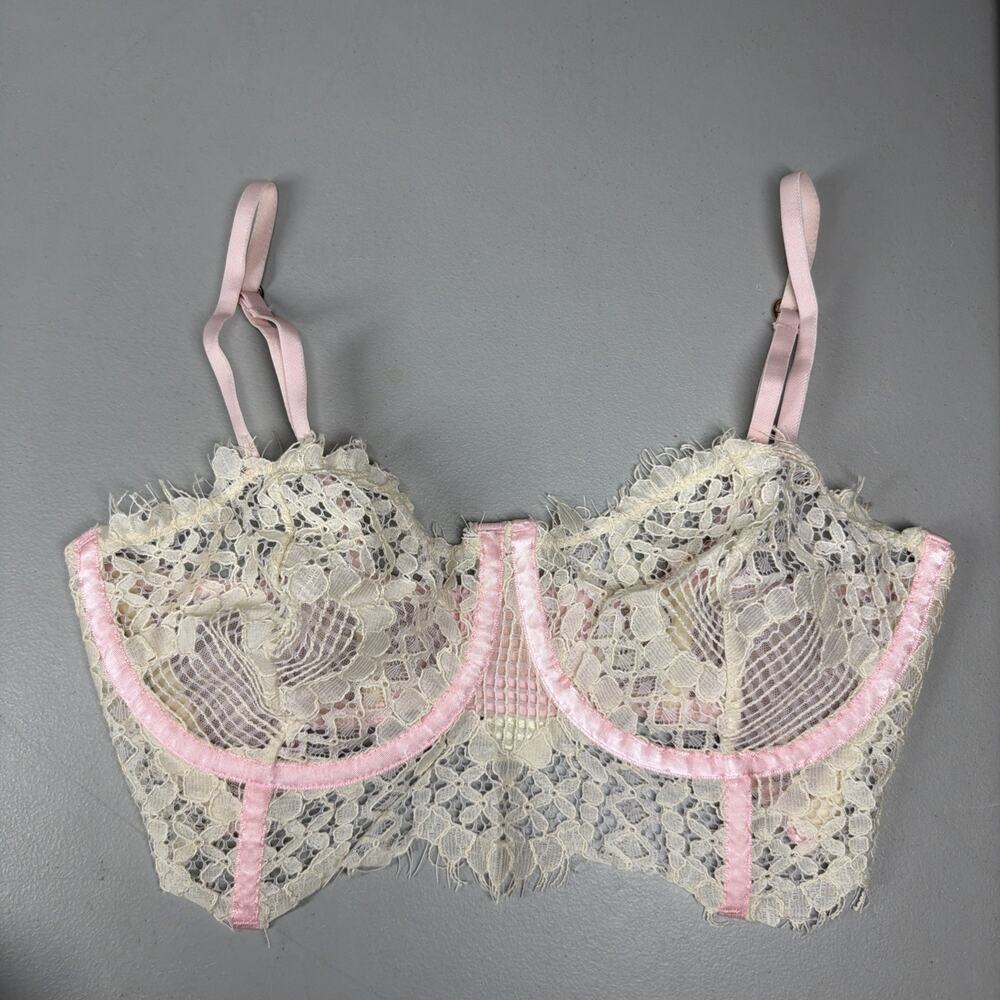 Free People Intimately Sweet Love Balconette Underwire Bra 34D Lace Tea Ivory